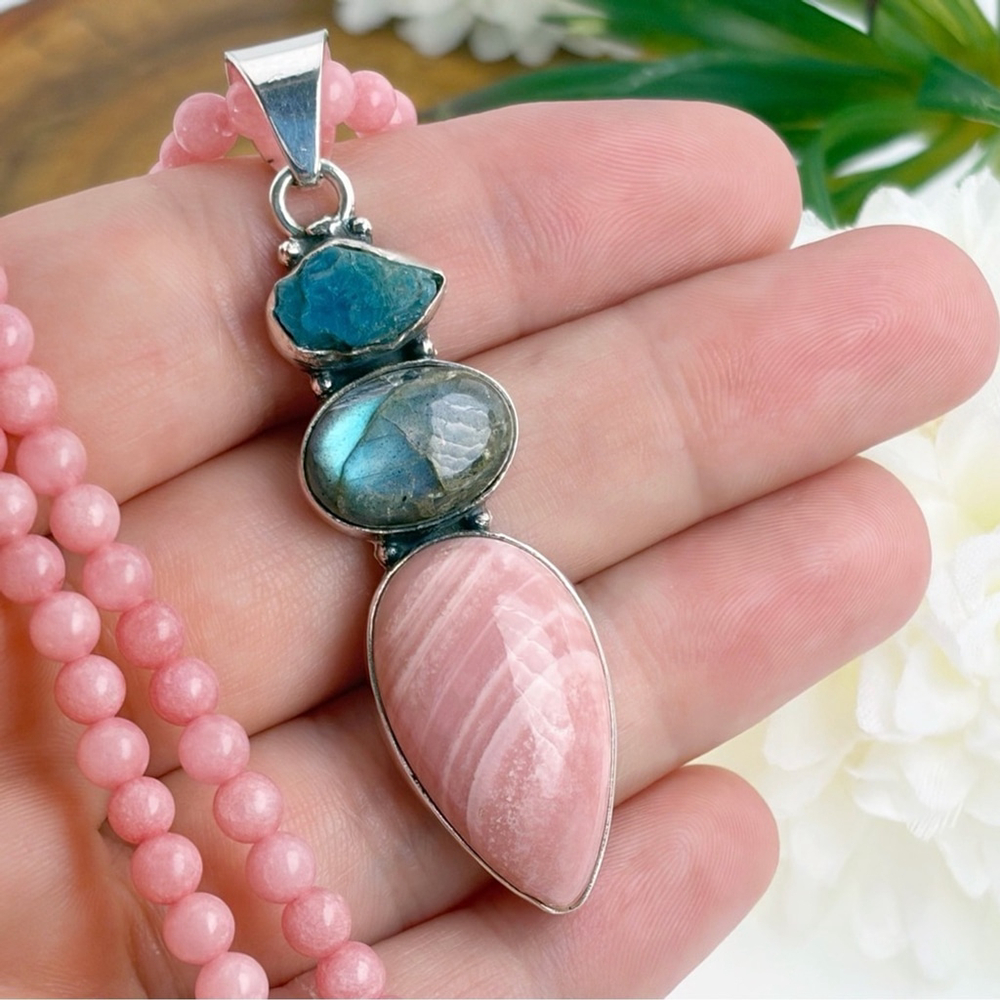 Raw Apatite Labradorite & Pink Opal Cluster Pendant Necklace Southwest Boho 925 - Picture 3 of 9